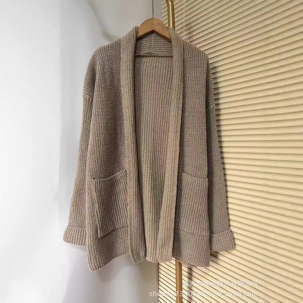 Women's Chunky Knit Cardigan with Elegant Lapels and Waist Belt