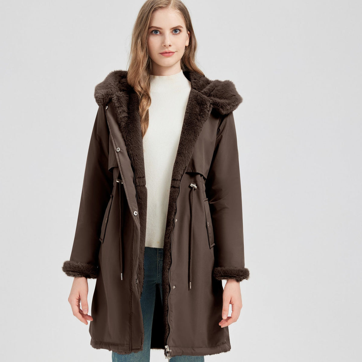 Women's Elegant and Warm Parka with Detachable Faux Fur Collar and Practical Lacing Details