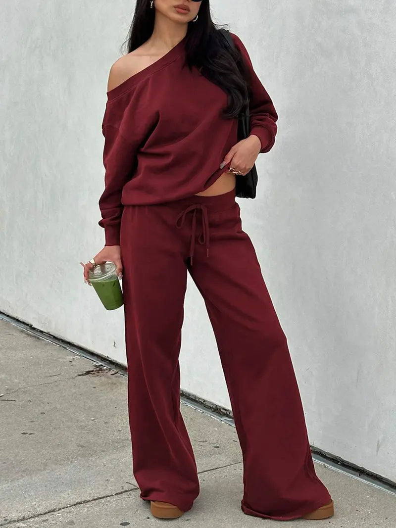 Women's Casual Off-Shoulder Lounge Set with Wide Legs and Drawstring
