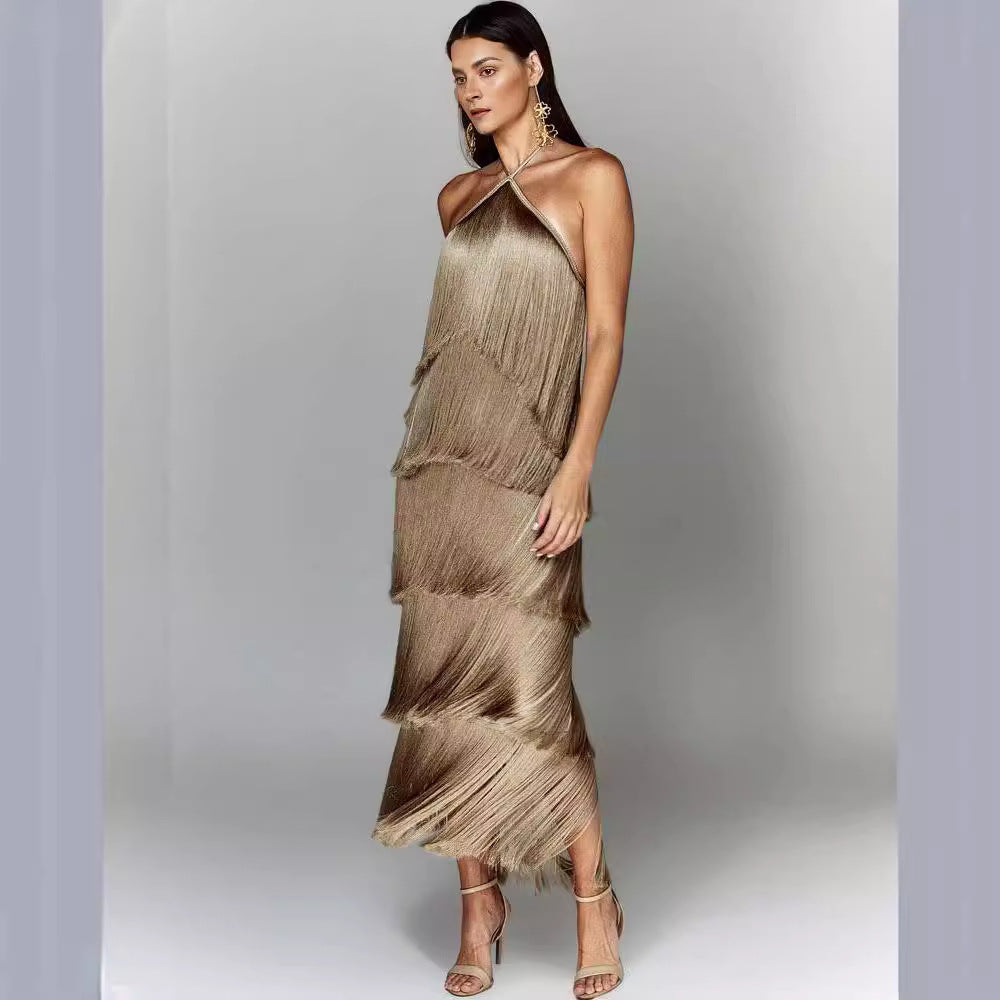 Elegant Fringe Maxi Dress with Shimmering Detail