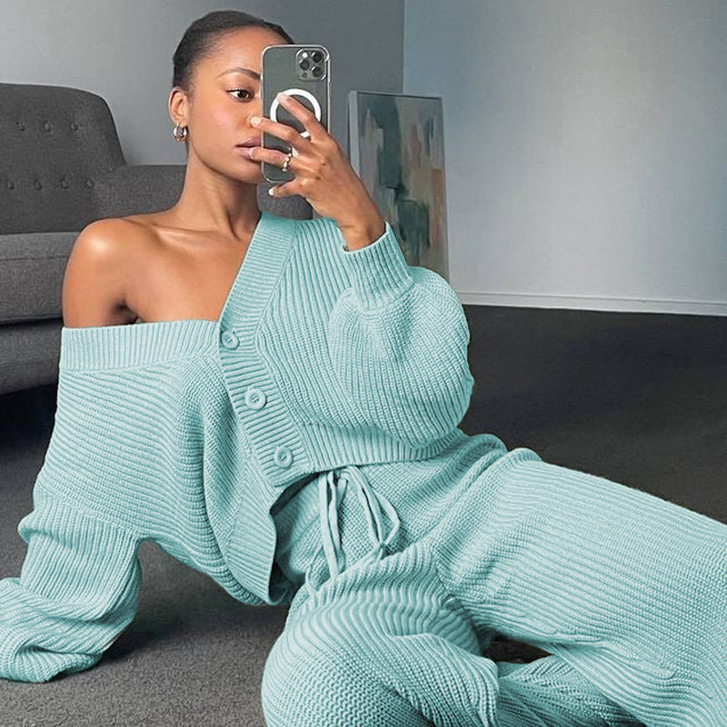 Women's Knit Loungewear Set with Buttons and Drawstring