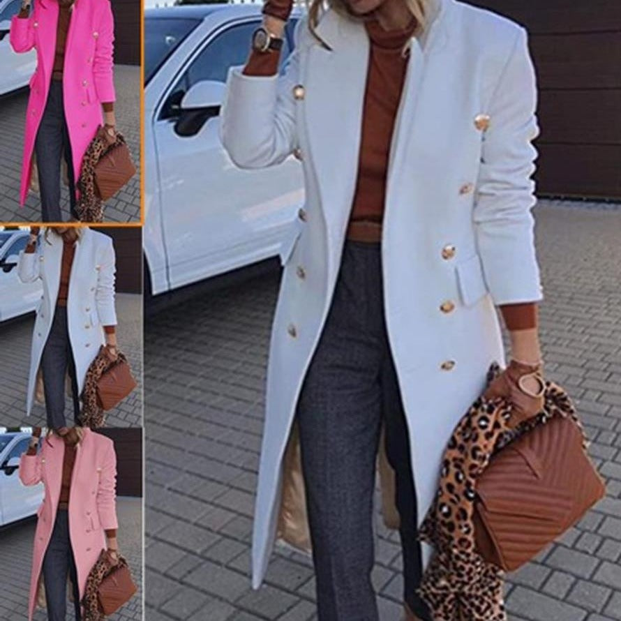 Women's Elegant Double-Breasted Coat with Gold Buttons and Tailored Fit