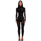 Women's Form-Fitting Mesh Jumpsuit with Long Sleeves and High Neck
