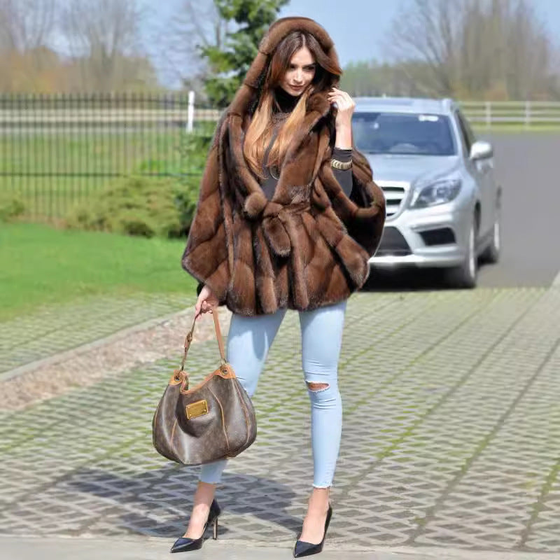 Women's Elegant Faux Fur Cape with Voluminous Hooded Collar and Belt