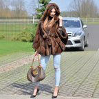 Women's Elegant Faux Fur Cape with Voluminous Hooded Collar and Belt