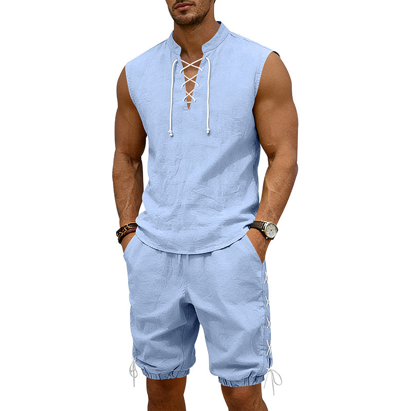 Men's Sleeveless Leisure Set with Lace Collar and Drawstring Bermuda