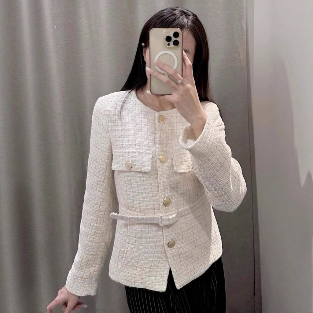 Elegant Women's Tweed Jacket with Double-Breasted Button Front and Pockets