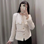 Elegant Women's Tweed Jacket with Double-Breasted Button Front and Pockets
