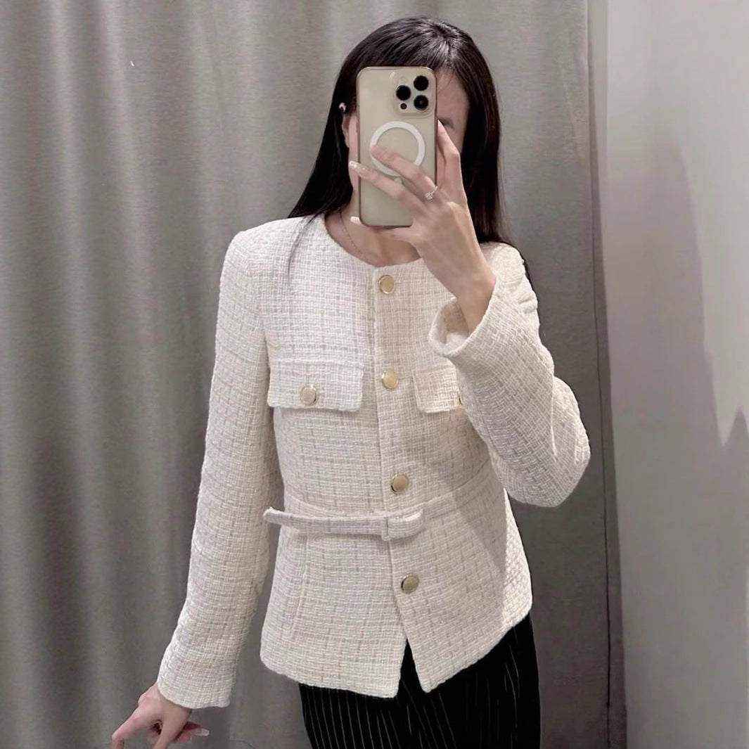 Elegant Women's Tweed Jacket with Double-Breasted Button Front and Pockets