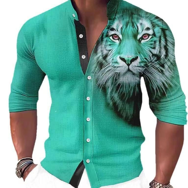 Women's Shirt with Animal Print and Stand-Up Collar