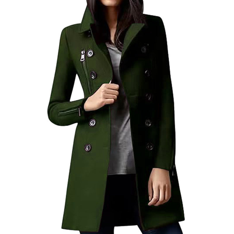 Women's Fashionable Short Coat with Double-Breasted Button Placket and Side Zippers