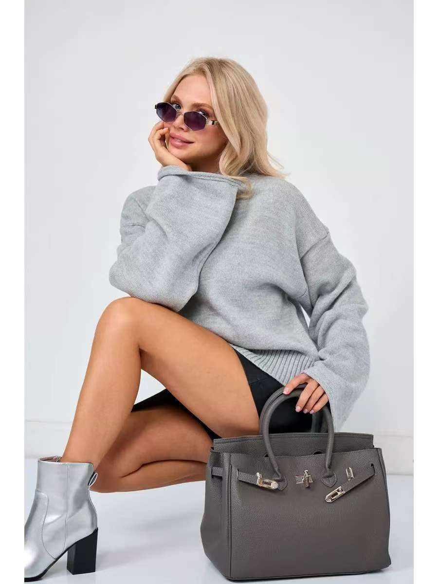Elegant Oversized Sweater with Wide Cut and Stand-up Collar