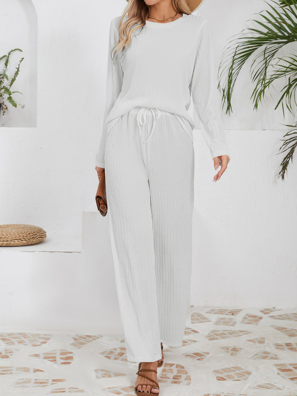 Women's Casual Ribbed Lounge Set with Elastic Waist