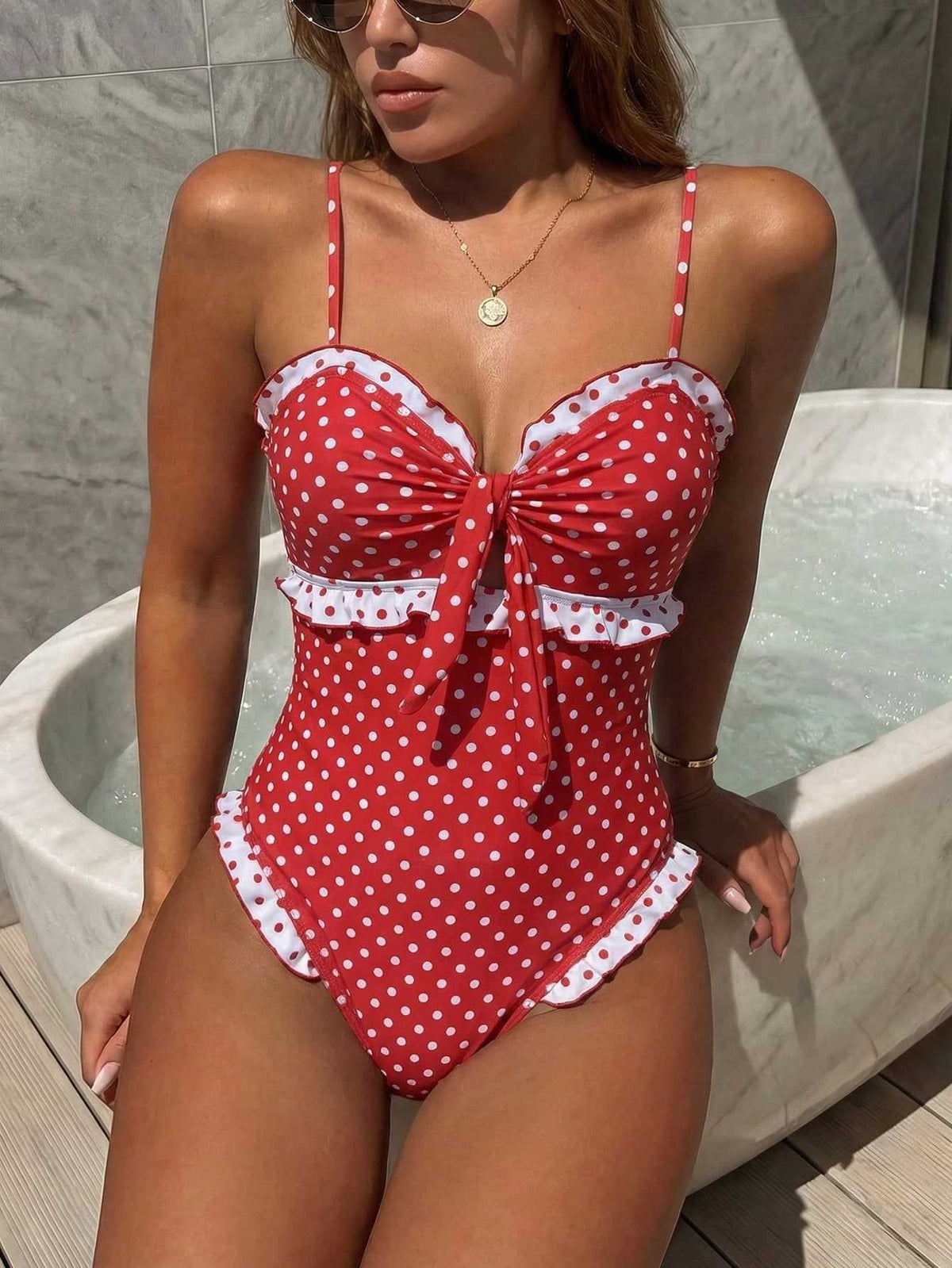 Women's Swimsuit with Trendy Polka Dot Design and Playful Ruffles