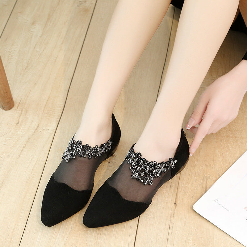 Women's Ballet Flats with Floral Appliqué and Mesh