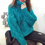 Women's Chunky Knit Sweater with High Collar and Elegant Cable Pattern