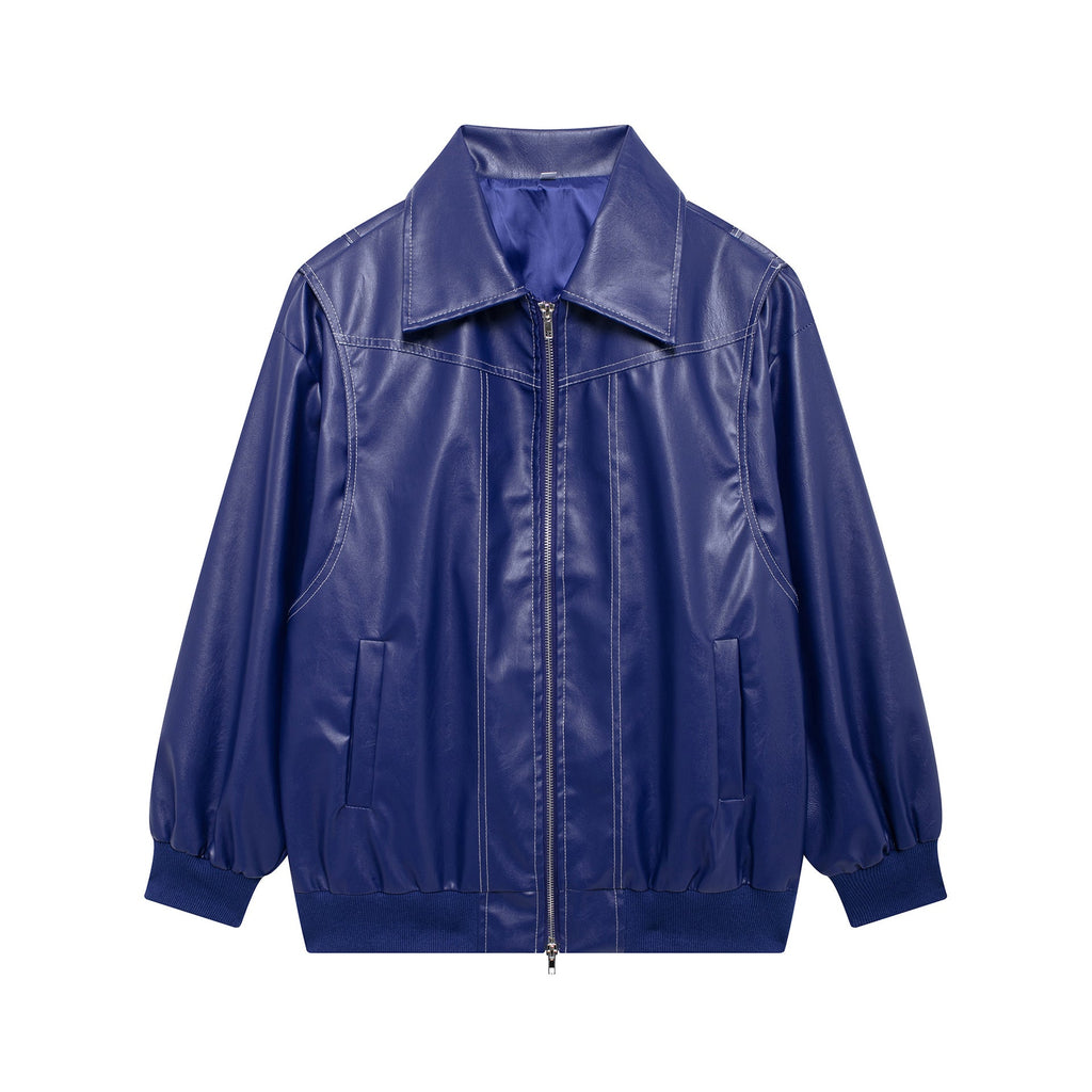 Women's Elegant Faux Leather Jacket with High Collar and Elastic Cuffs