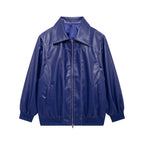 Women's Elegant Faux Leather Jacket with High Collar and Elastic Cuffs