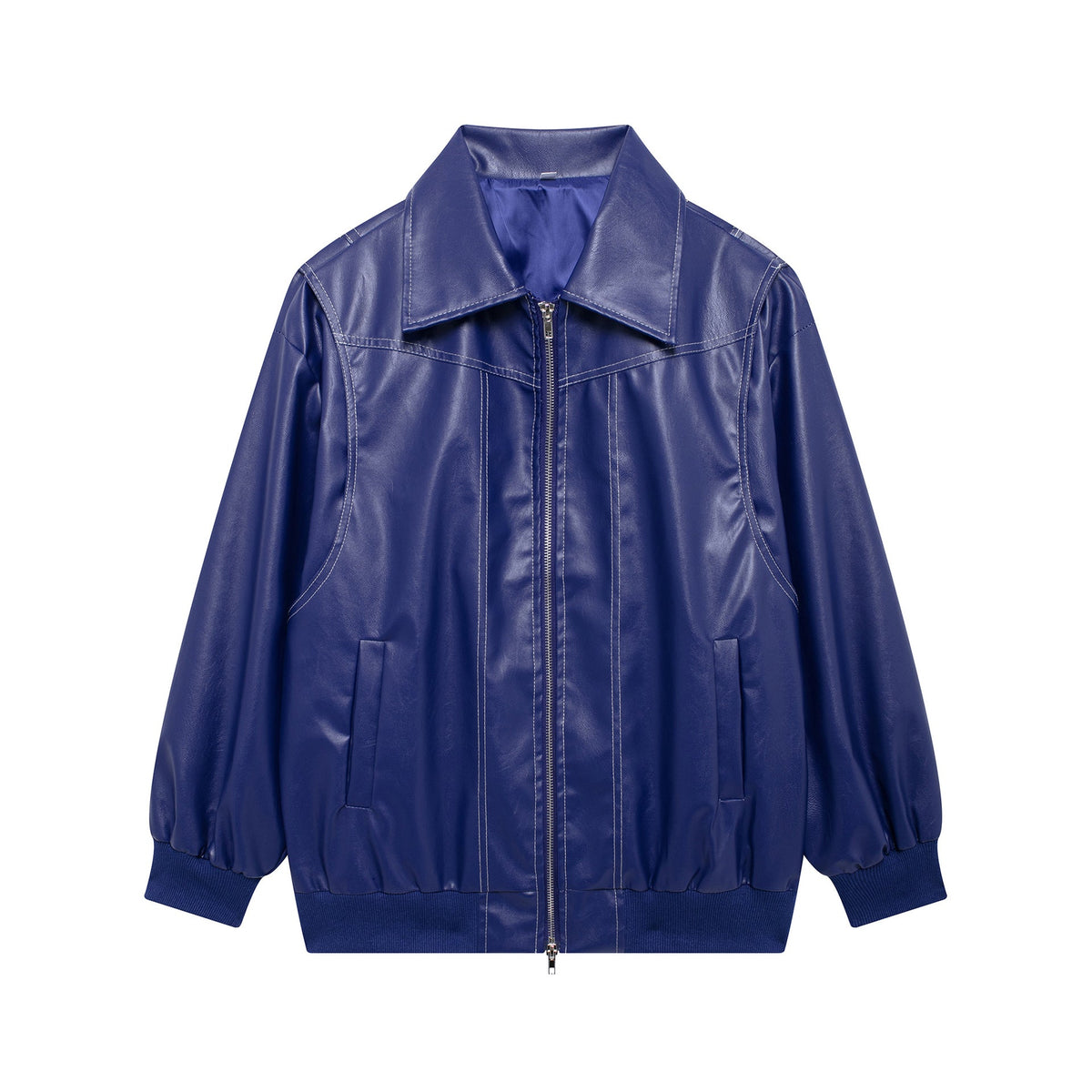 Women's Elegant Faux Leather Jacket with High Collar and Elastic Cuffs