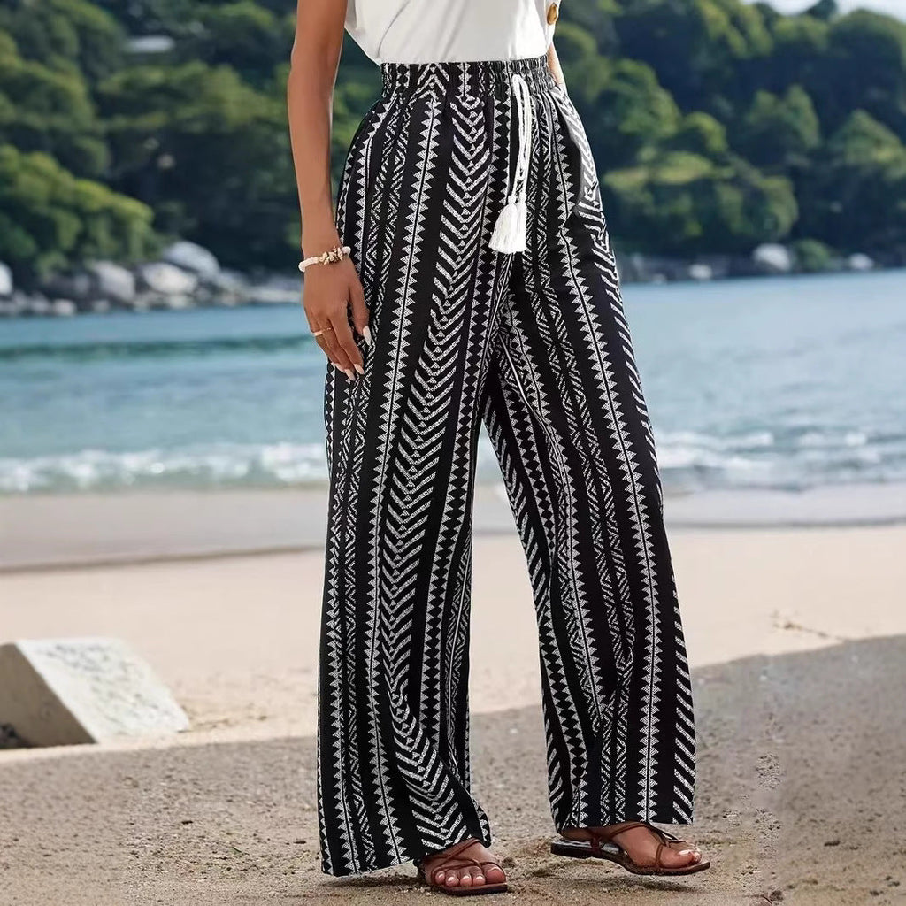 Women's Wide-Leg Palazzo Pants with Elastic Waist and Pattern
