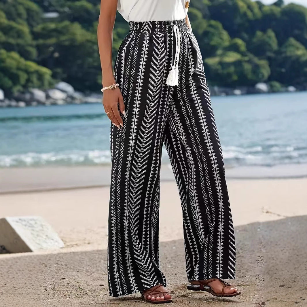 Women's Wide-Leg Palazzo Pants with Elastic Waist and Pattern