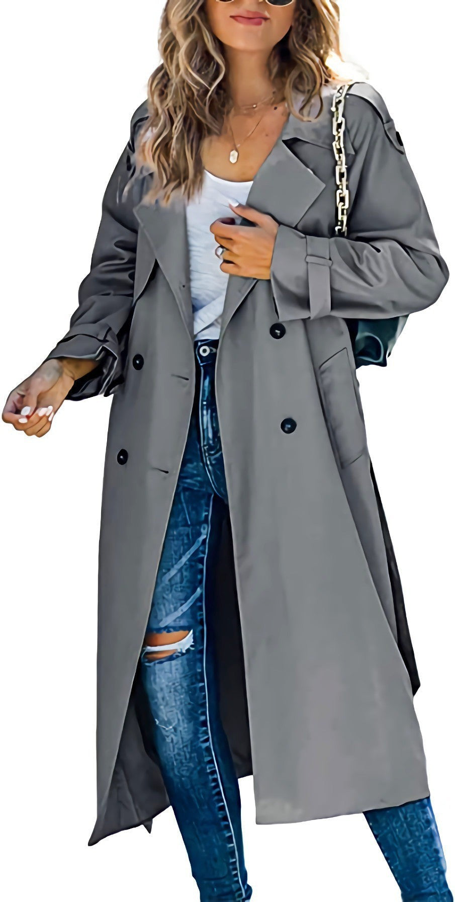 Women's Fashionable Trench Coat with Double-Breasted Button Placket and Casual Cut