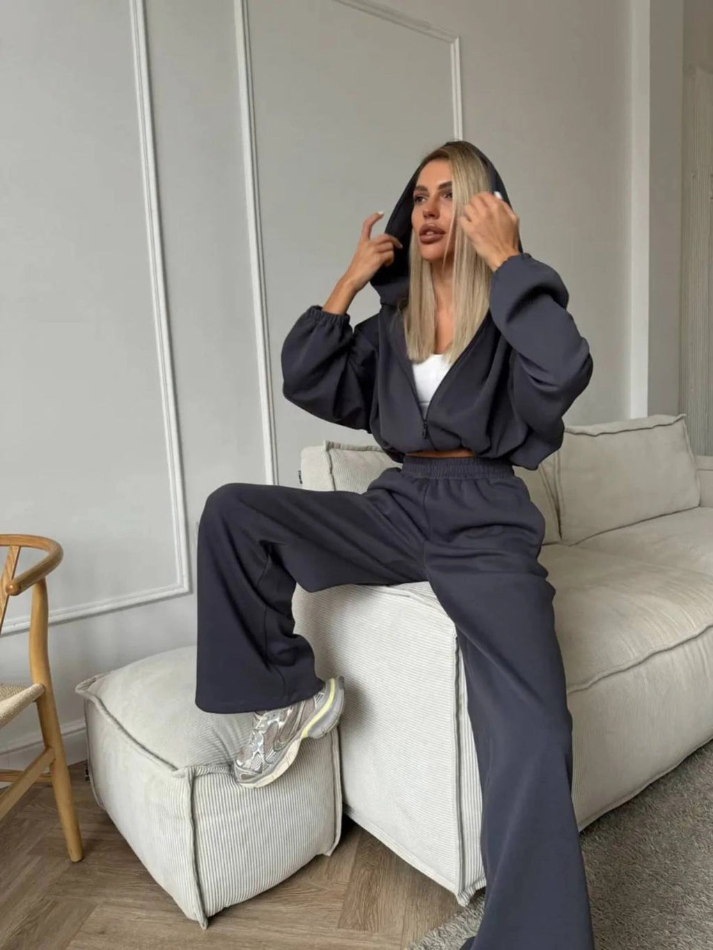 Women's Casual Lounge Set with Hoodie and Wide-Leg Pants
