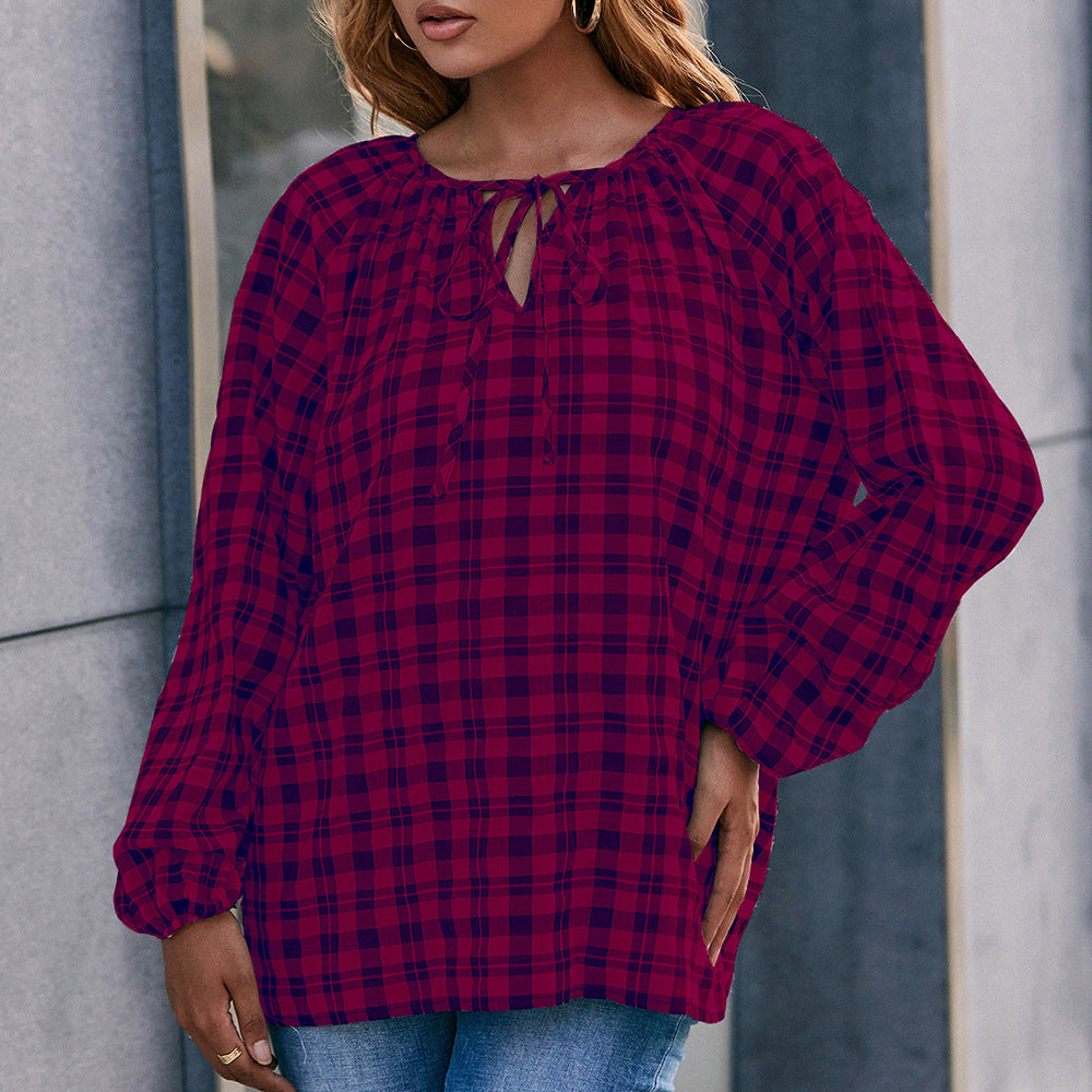 Blouse with Plaid Pattern and Bow Detail