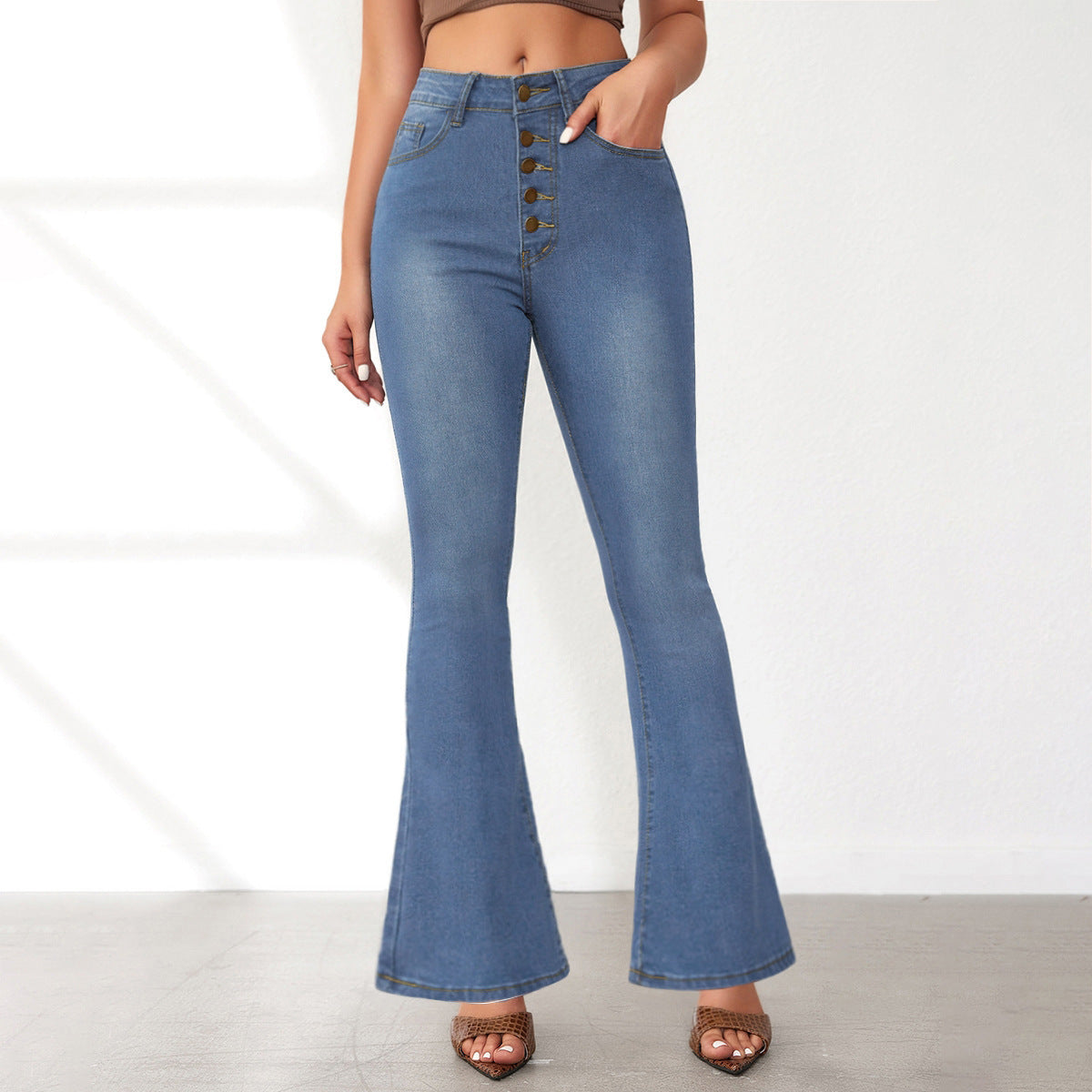 Women's Flared Jeans with High Waist and Button Detail