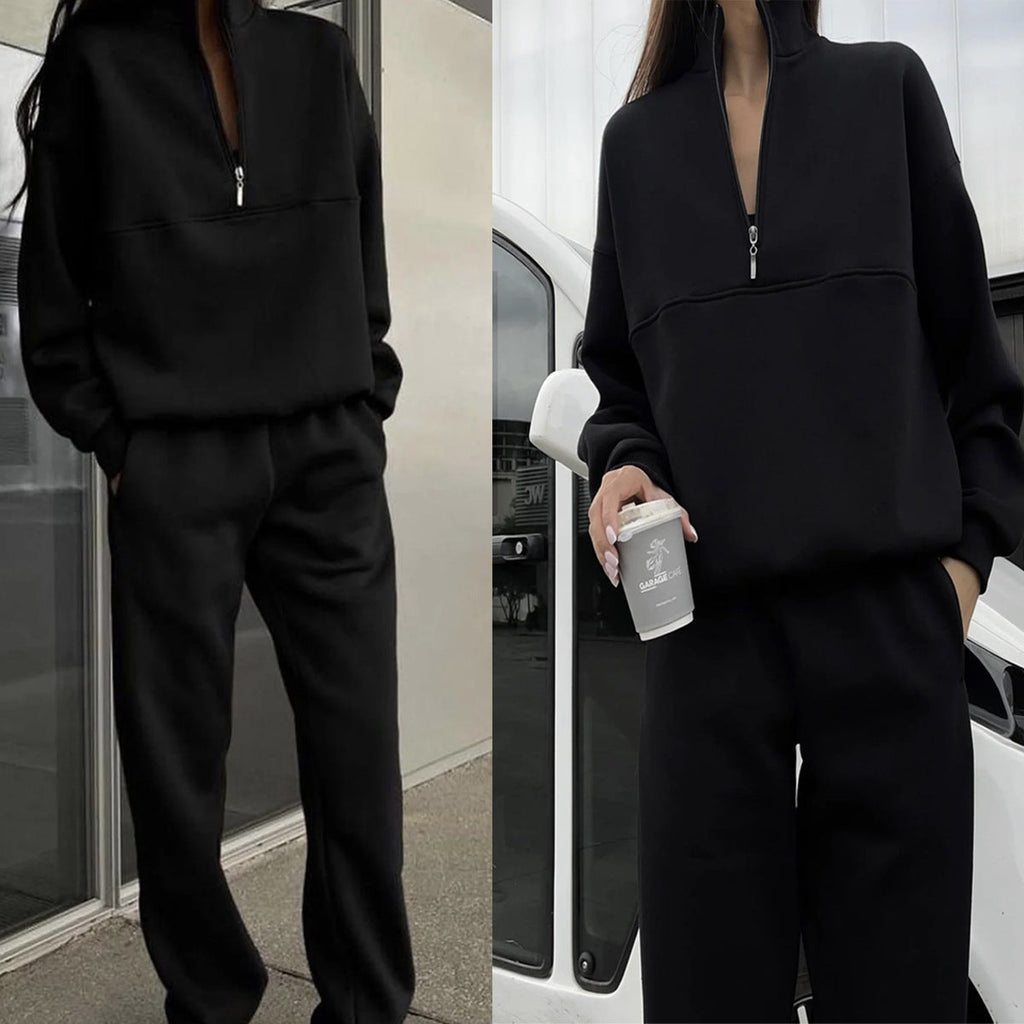 Women's Casual Tracksuit with High Collar and Half-Zip