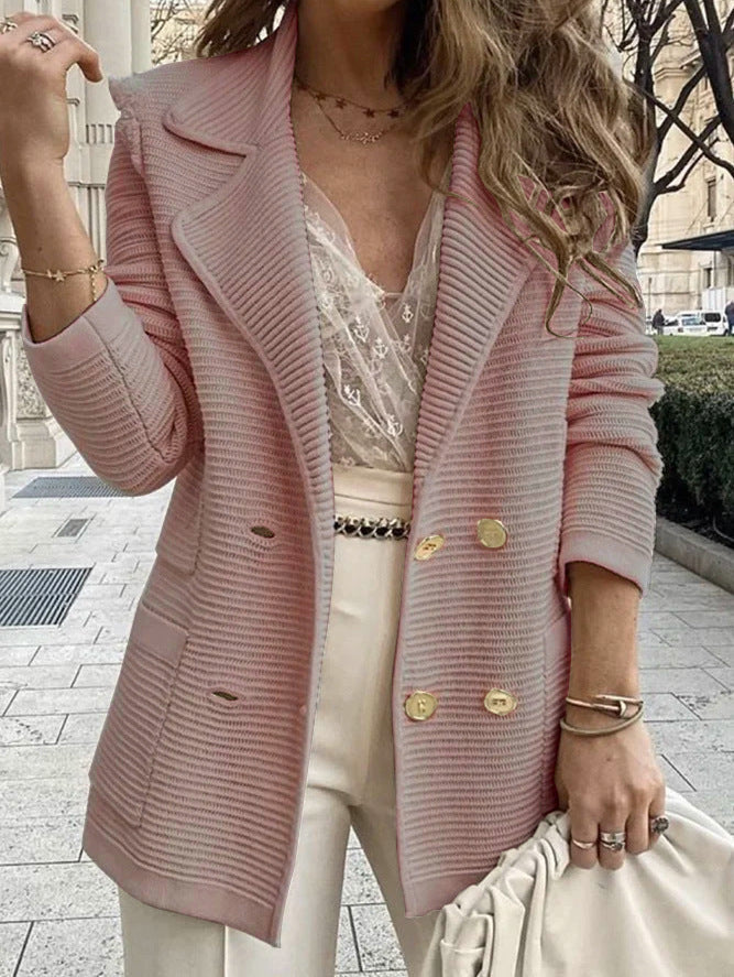 Elegant Knit Blazer with Double Button Placket and Pockets