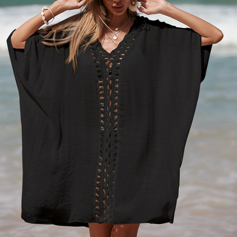 Women's Elegant Beach Poncho with Crochet Accents and Deep V-Neck