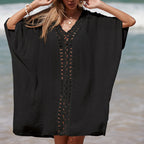 Women's Elegant Beach Poncho with Crochet Accents and Deep V-Neck