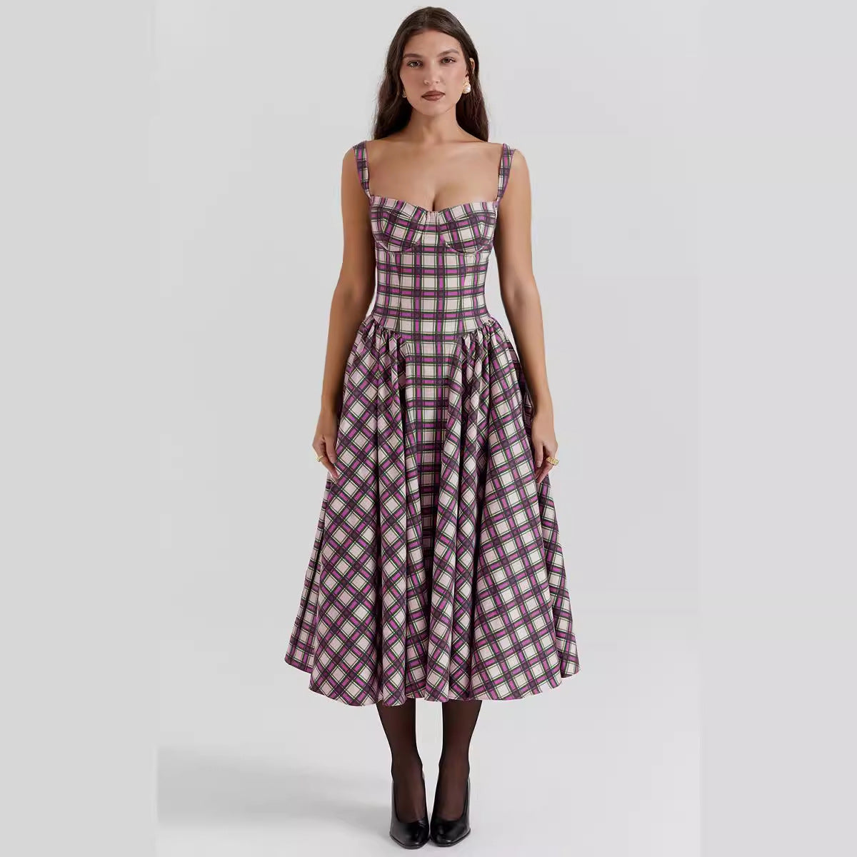 Women's Maxi Skirt with Plaid Design and Pockets