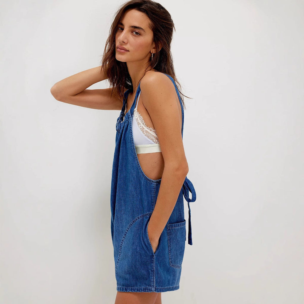 Women's Denim Jumpsuit with Ruffled Neckline and Adjustable Straps