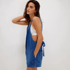 Women's Denim Jumpsuit with Ruffled Neckline and Adjustable Straps