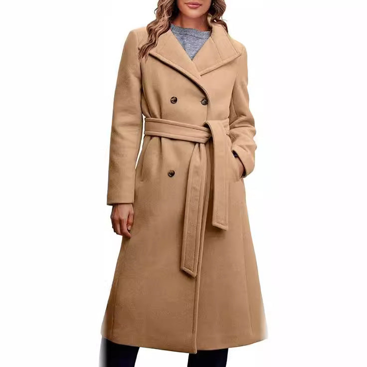 Women's Elegant Double-Breasted Coat with Belt Detail