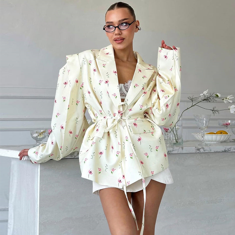 Elegant Floral Blazer Jacket with Waist Belt