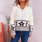 Women's Chunky Knit Sweater with Floral Patterns and Practical Half-Sleeves