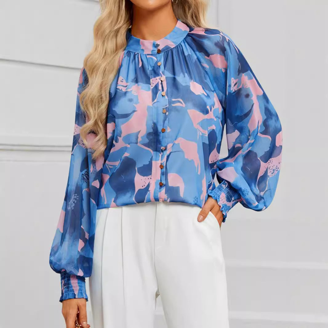Women's Blouse with Artistic Print and Gathered Sleeves