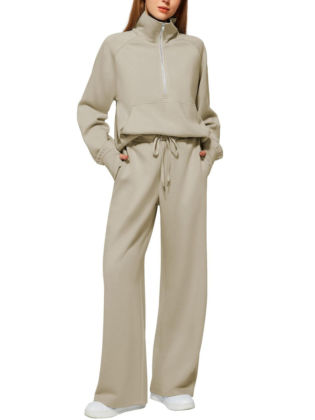 Women's Casual Sweatpants Suit with High Collar and Kangaroo Pocket