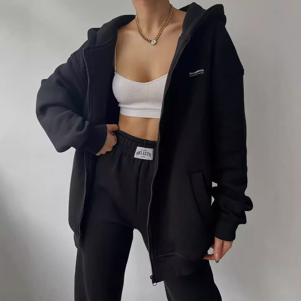 Women's Oversized Hooded Sweat Jacket and High-Waist Jogging Pants Set