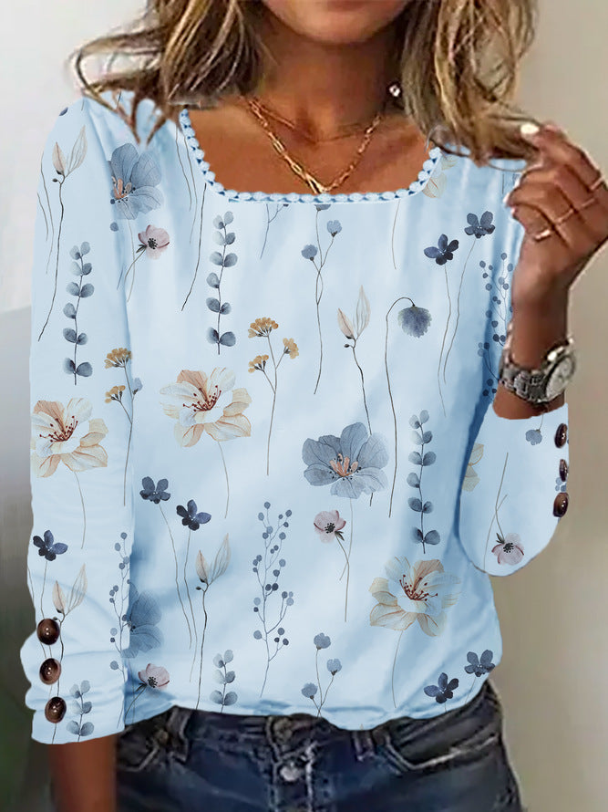 Women's Blouse with Floral Print and Decorative Button Details