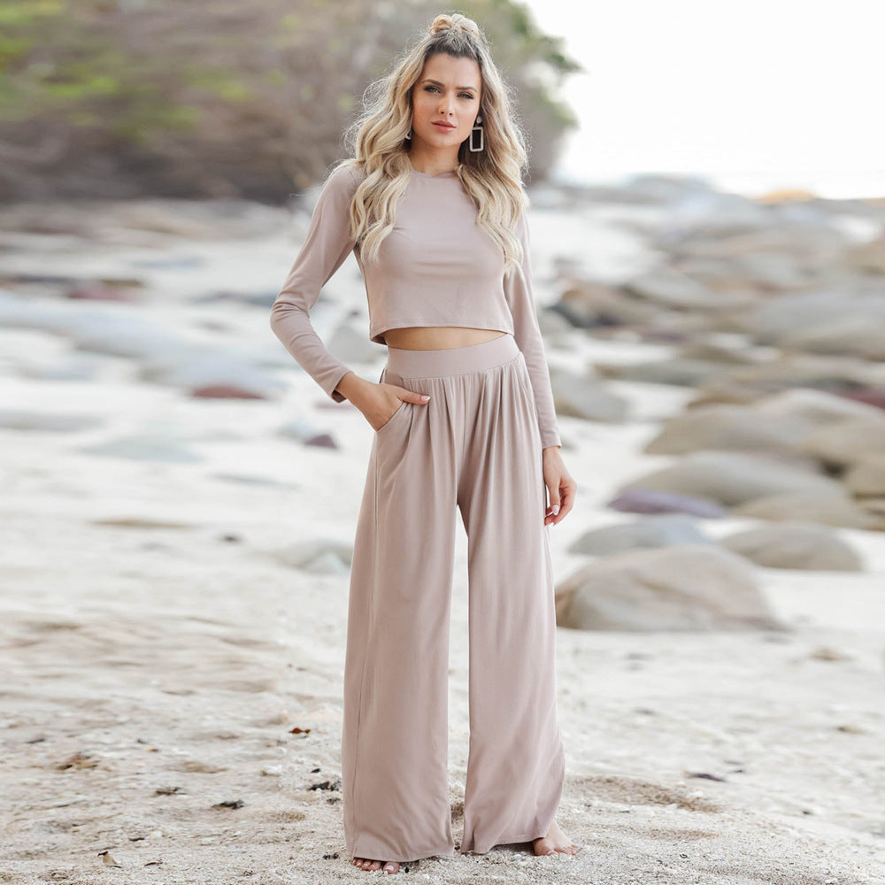 Women's Casual Wide-Leg Jumpsuit with Long Sleeves and Pockets