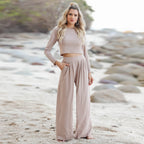 Women's Casual Wide-Leg Jumpsuit with Long Sleeves and Pockets