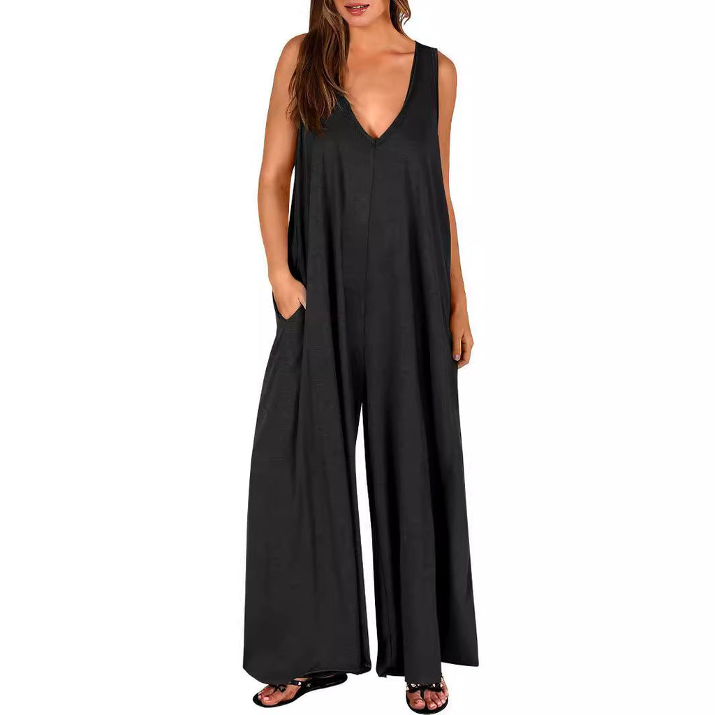 Women's Loose Jumpsuit with Deep V-Neck and Side Pockets