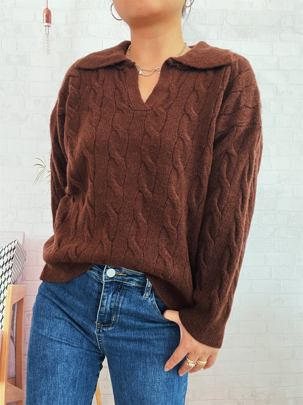 Women's Chunky Knit Sweater with Colorful Cable Design and Classic Collar
