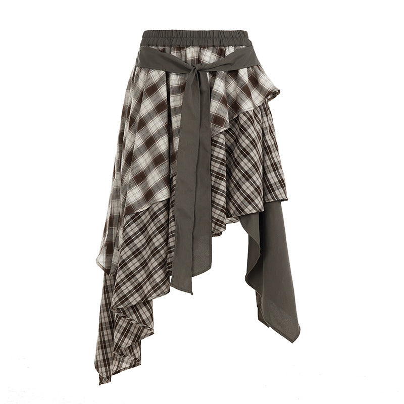 Women's Asymmetric Wrap Skirt with Plaid Pattern and Wide Tie Belt