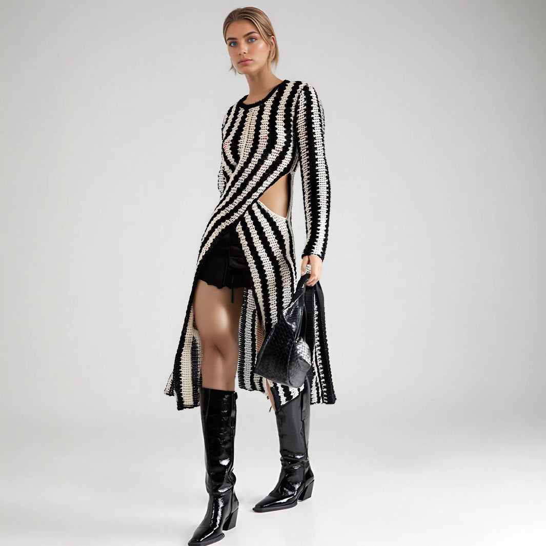 Women's Designer Knit Dress with Asymmetric Cut and Graphic Pattern