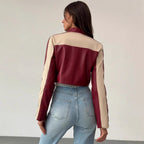 Women's Cropped Faux Leather Jacket with Contrasting Inserts